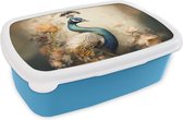 Lunch box Blauw - Lunch box - Boîte à pain - Paon - Plumes de paon - Fleurs - Vogels - Botanique - 18x12x6 cm - Enfants - Garçon