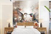 Behang - Fotobehang Kolibrie - Vogels - Bloemen - Natuur - Breedte 190 cm x hoogte 260 cm