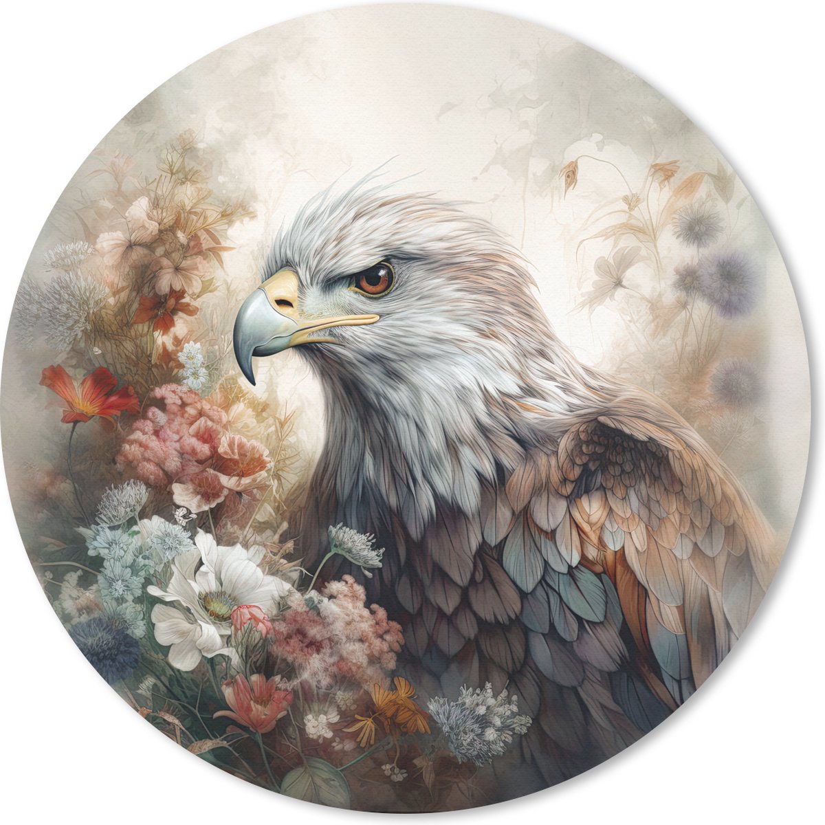 Muismat rond 40x40 cm - Mousepad Arend - Adelaar - Vogel - Bloemen - Natuur - Ronde muismatten