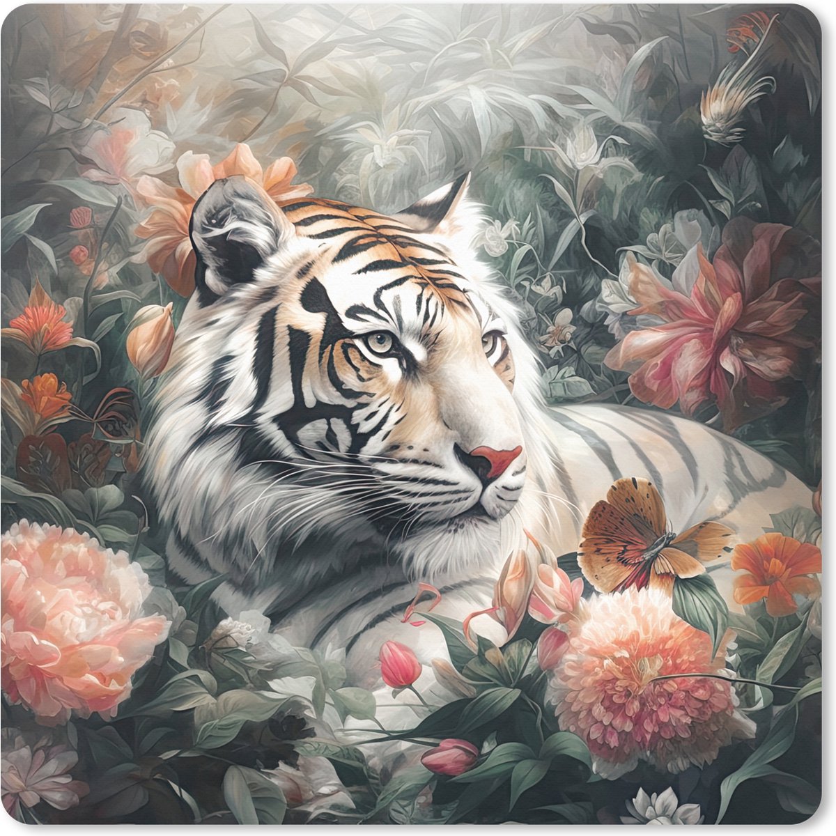 Muismat XXL 40x40 cm - Bureau onderlegger - Bureau mat Tijger - Wilde dieren - Bloemen - Jungle - Bureaumat - Gaming mousepad xl - Bureaulegger groot - Computer deskmat