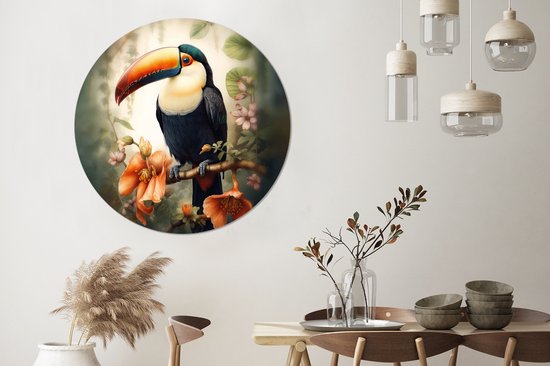 Foto: Wallcircle muurstickers behangcirkel toekan vogel bloemen planten 140x140 cm muurcirkel zelfklevend ronde behangsticker