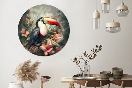 Foto: Wallcircle muurstickers behangcirkel toekan vogels bloemen planten tropisch 120x120 cm muurcirkel zelfklevend ronde behangsticker xxl