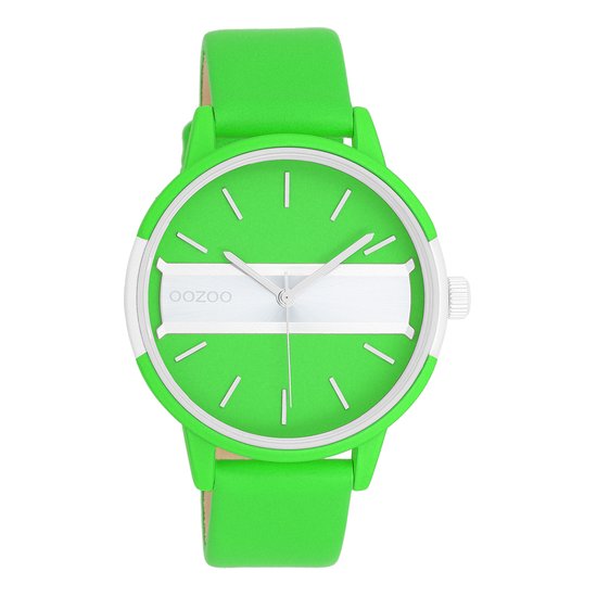 OOZOO Timepieces - Neon groen/goudkleurige OOZOO horloge met neon groene leren band - C11189