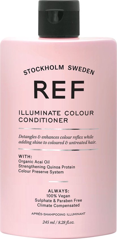 REF Stockholm Illuminate Colour Conditioner dans une bouteille rose pastel de 245 ml avec un bouchon noir.