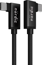 NÖRDIC USBC-N1125 - Supersnelle Haakse USB-C naar Haakse USB-C Nylonkabel - USB3.2 Gen2 - 10Gb/s - 100W stroom - 4K60Hz video - Met Emarker - 3m - Zwart