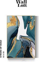 Wall-loft - hand geschilderd – Blauw Goud Bruin Paars Zwart Wit - Zwart Frame - Muurschilderij – Stroke Of Gold - Eyecatcher – 3 Schilderijen - 60x90