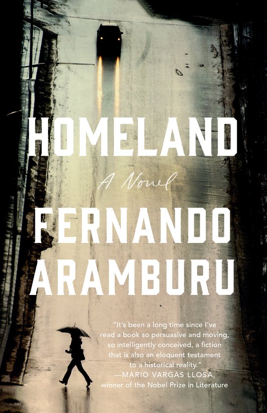 Boek kaft met de titel 'HOMELAND A Novel FERNANDO ARAMBURU' in witte letters op een donkere achtergrond met een auto en een persoon met paraplu op een natte weg.