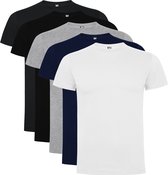 5 Pack Roly Dogo Premium Heren T-Shirt 100% katoen Ronde hals Zwart, Donker Blauw, Donker Grijs / Lichtgrijs gemeleerd,Wit Maat XXL