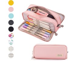 foto van Pennenetui voor meisjes en jongens, met 3 vakken, groot, etui voor meisjes en tieners, pennenetui met 3 vakken, voor kinderen, studenten, volwassenen, school, kantoor, make-up, cadeau, roze, visitekaartjeshouder