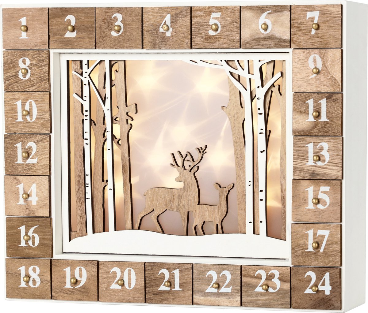 BRUBAKER Herbruikbare Houten Adventskalender Zelf te vullen - Wit winterlandschap met LED-verlichting - Doe-het-zelf-kalender 35,5 x 6 x 27 cm