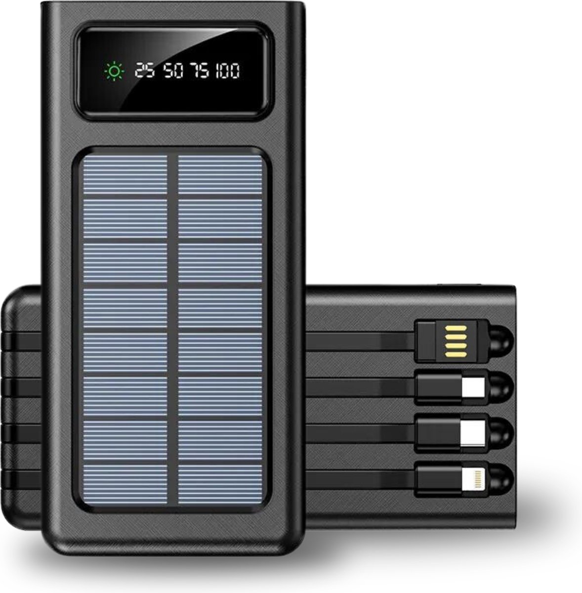 OQUR® Solar Powerbank 30000 mAh - Fast Charger Snellader - Zonneenergie - Ingebouwde kabels - USB C - Micro USB - Lightning - Smartphone - Samsung - iPhone