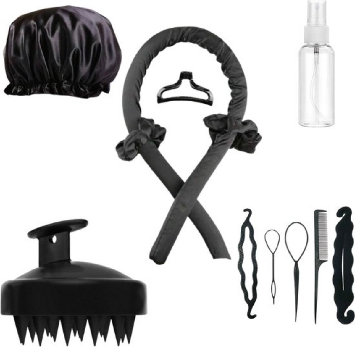 BeautyFit ® - Heatless Curls - 12-delig Krulspelden - Inclusief E-book - Mist Verstuiver - Scalp Massager - Bonnet - Haarrollers - Krulspelden Rollers - Curling Ribbon - Bekend van TikTok - Zwart