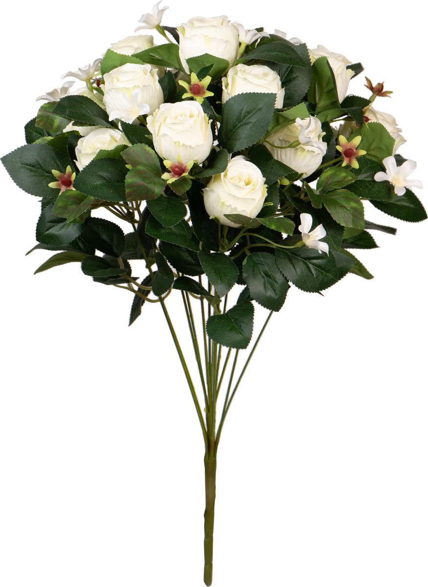 Louis Maes Kunstbloemen boeket rozen/bloesem met bladgroen - wit - H49 cm - Bloemstuk