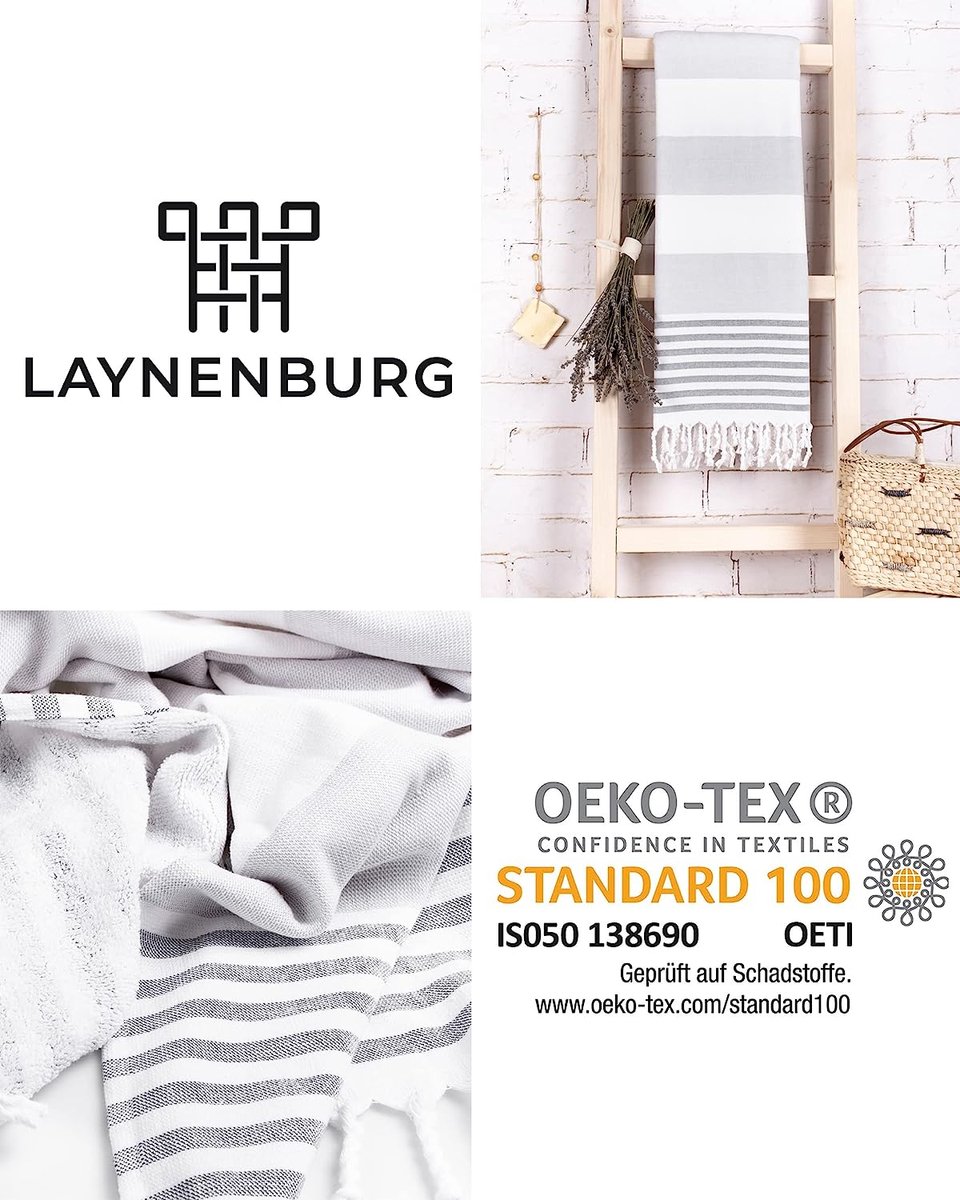 LAYNENBURG Premium Fouta Hammam Handdoek – 100% Katoen, XXL 95x180 Cm, Met Handgeknoopte Franjes, OEKO-TEX 100, Ideaal Als Strandlaken, Saunahanddoek Of Peshtemal