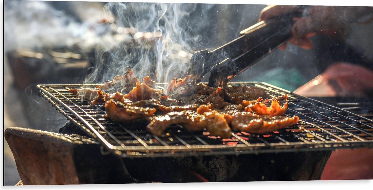 Dibond - Barbecue - Kool - Rook - Tang - Vlees - Bakken - Eten - Buiten - 100x50 cm Foto o