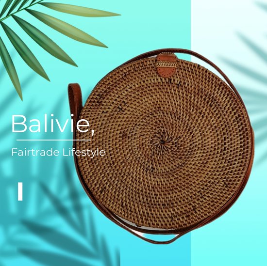 Balivie - Sac - Sac bandoulière - Femme - Sac bandoulière - Rotin - Marron clair rouille - Rond - Diamètre 20 cm - Fermeture pression - Anse cuir - Doublure batik