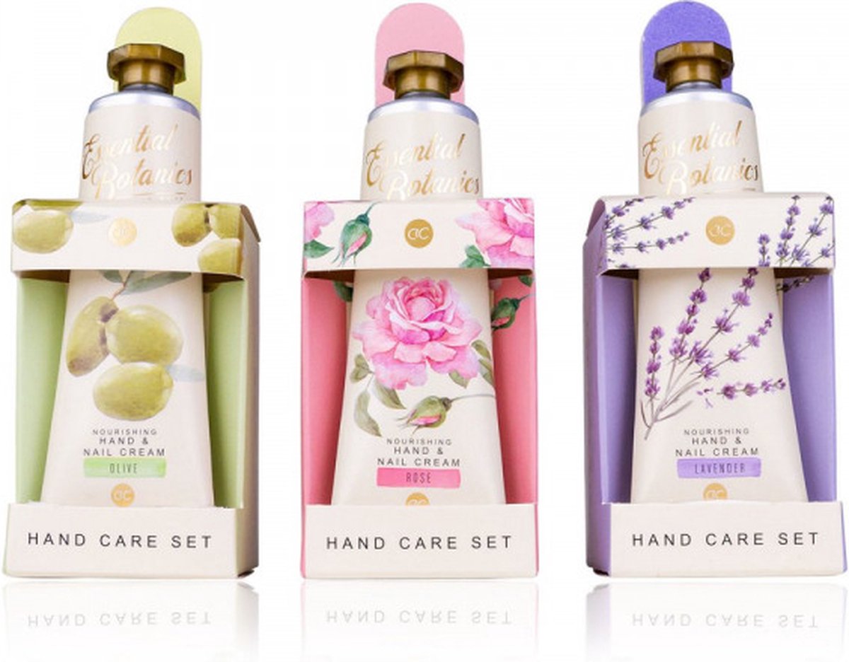 Goedkoopste Handcreme - Hand en Nagel Verzorging - Hand Care Set Essential Botanics- Lavendel, Olijven, Roos - Cadeau Hand en Nagel Verzorging set - Cadeau set - Cadeau Vrouw