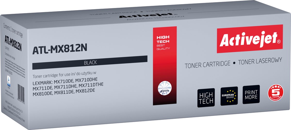 Image of ActiveJet ATL-MX812N tonercartridge voor Lexmark-printers; Vervanging Lexmark 62D2000; Opperste; 6000 pagina's; zwart.