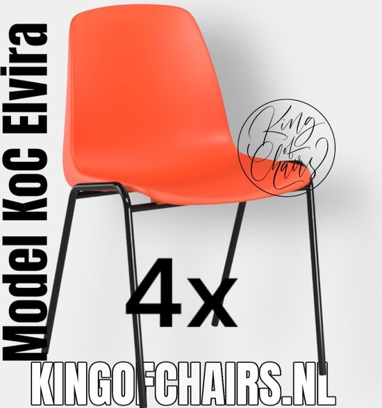 King of Chairs -set van 4- model KoC Elvira oranje met zwart onderstel. Kantinestoel stapelstoel kuipstoel vergaderstoel tuinstoel kantine stoel stapel kantinestoelen stapelstoelen kuipstoelen stapelbare keukenstoel Helene eetkamerstoel