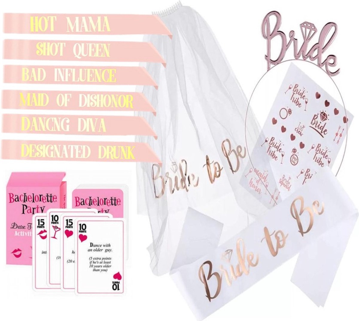 FeestmetJoep® vrijgezellenfeest - Bride to be 29-delig feestpakket Vrijgezellenfeest vrouw - Team bride - Bride to be sjerp - Bride to be sluier - Vrijgezellenfeest met het hele bride team - Team bride sjerp - Bride to be 7 personen