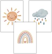 Kinderposters, foto's, decoratie, babykamer, set van 3, boho regenboog, zonnewolk voor kinderen