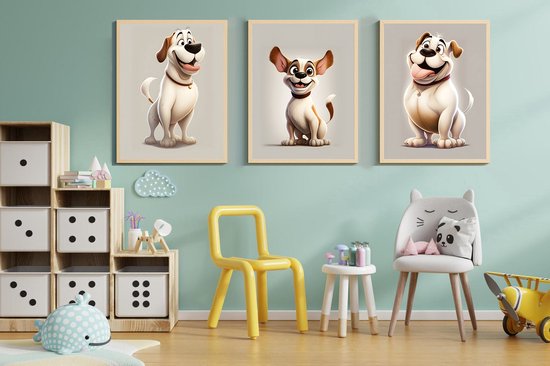 Posterset met 3 cartoon hondjes - Leuke kinderposter - kinderkamer - poster 50x70cm met kunststof zwarte wissellijst