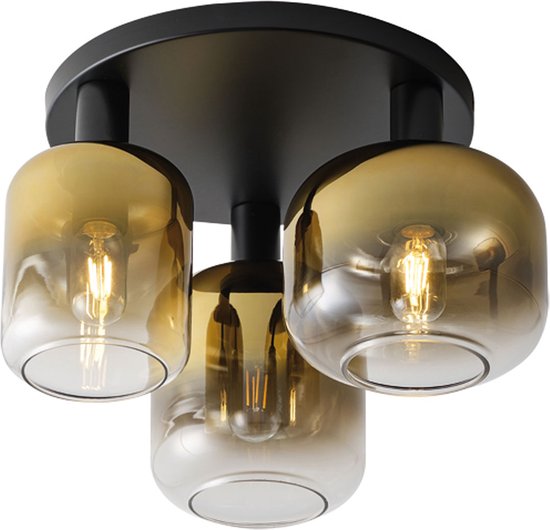 Moderne glazen plafondlamp Dentro | goud / zwart / transparant | drie lichtpunten | glas / metaal | Ø 35 cm | H 30 cm | woonkamer lamp / slaapkamer lamp / hal en overloop lamp | modern design