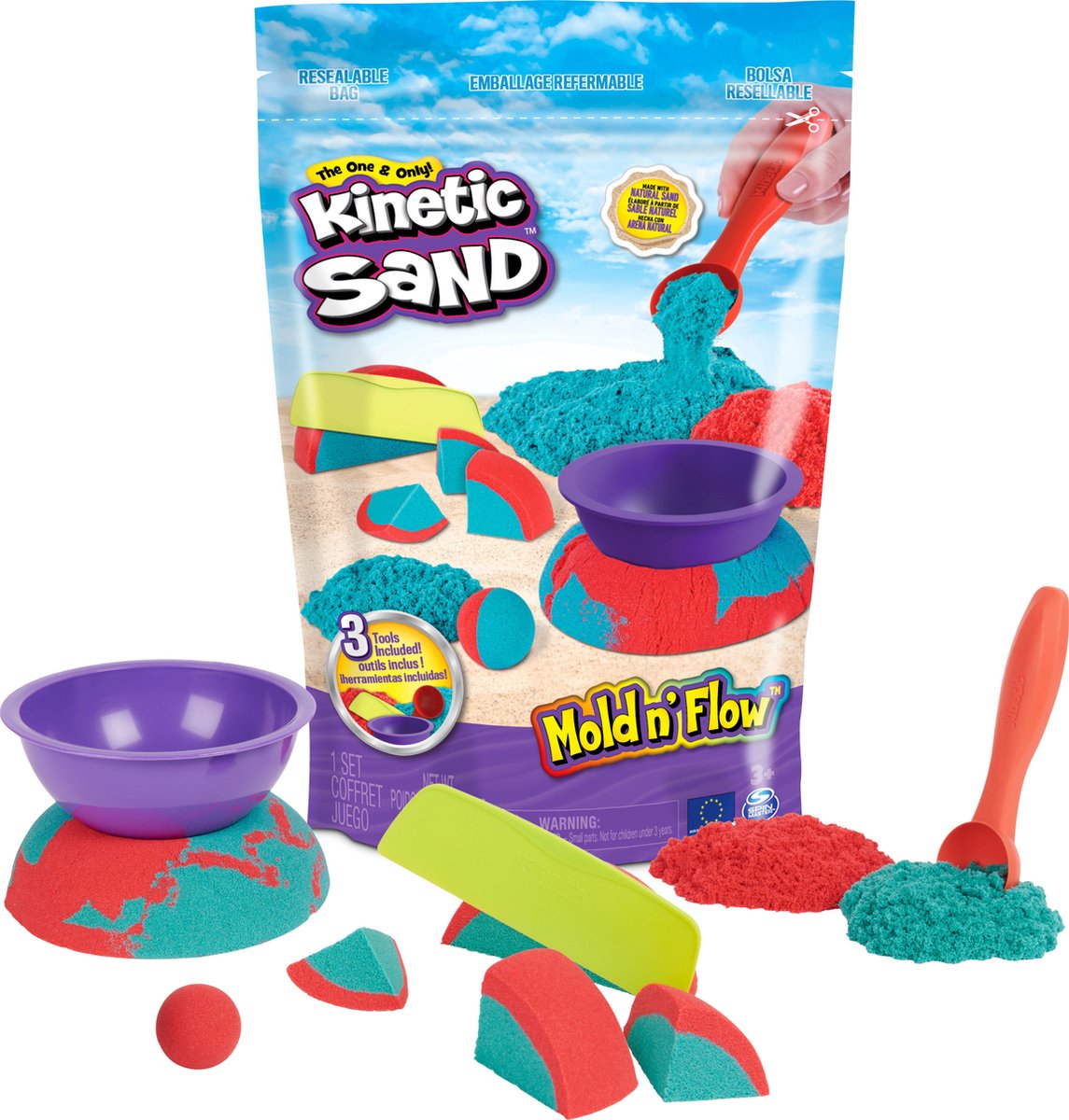 Kinetic Sand - Mold n' Flow-set met 680 g rood en blauwgroen speelzand en 3 stuks gereedschap - Sensorisch speelgoed
