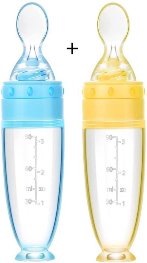  - Biberoia® 2x Knijpfles met lepel – Drinkfles - Baby / Kinderbestek - Kraamcadeau – Babyshower – Blauw + Geel