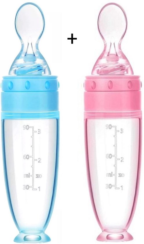 Babyflesje - Biberoia® 2x Knijpfles met lepel – Drinkfles - Baby / Kinderbestek - Kraamcadeau – Babyshower – Blauw + Roze
