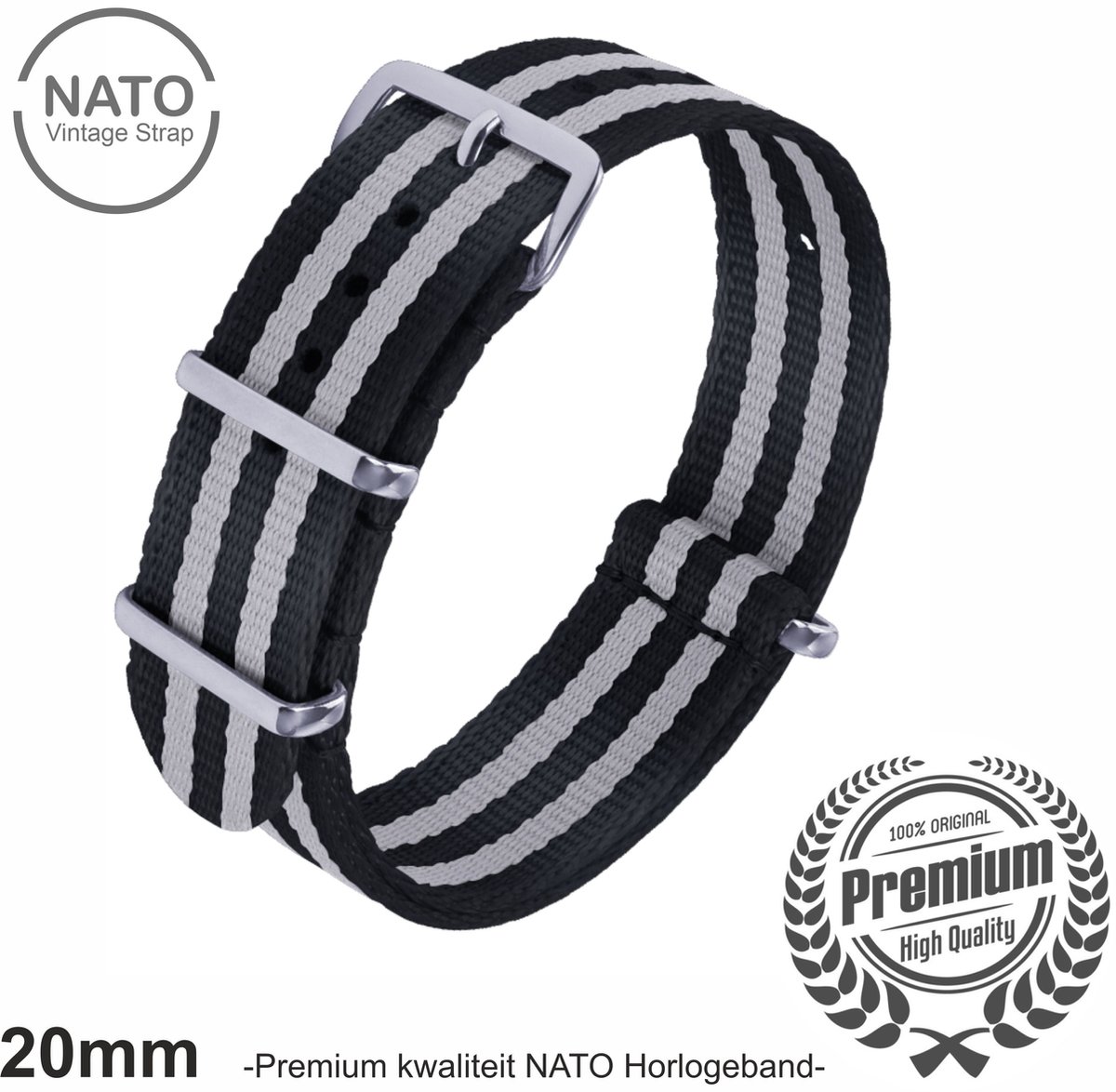 20mm Premium Nato horlogeband Zwart Grijs gestreept - Vintage James Bond look- Nato Strap collectie - Mannen - Horlogebanden - 20 mm bandbreedte