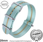 20mm Premium Nato horlogeband Blauw met Beige streep - Vintage James Bond look- Nato Strap collectie - Mannen - Horlogebanden - 20 mm bandbreedte
