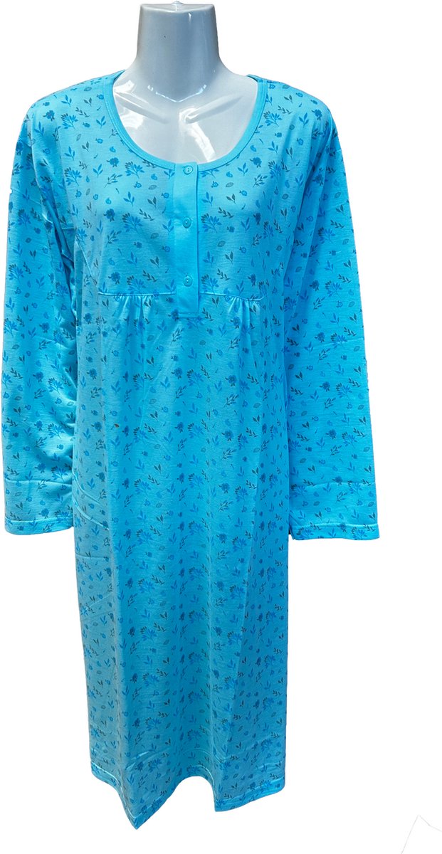 Gebloemde Nachtjapon Dames lange mouwen - Kleur Lichtblauw - Maat L