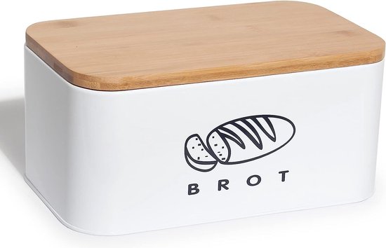 Broodtrommel met bamboe snijplank deksel - wit - 21 x 32 x 15 cm