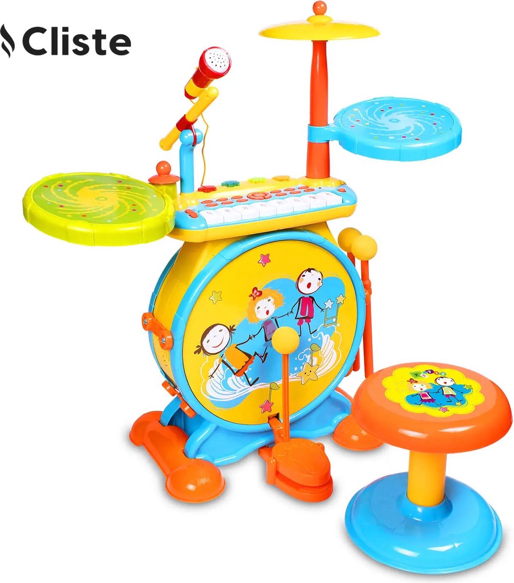 Cliste Elektronische Drumkit voor kinderen - Realistisch drumgeluid - 8-toetsen toetsenbord - Mp3-stekker - Inclusief stoel - Blauw/Geel - Educatief Babyspeelgoed - Geluid en Spelletjes