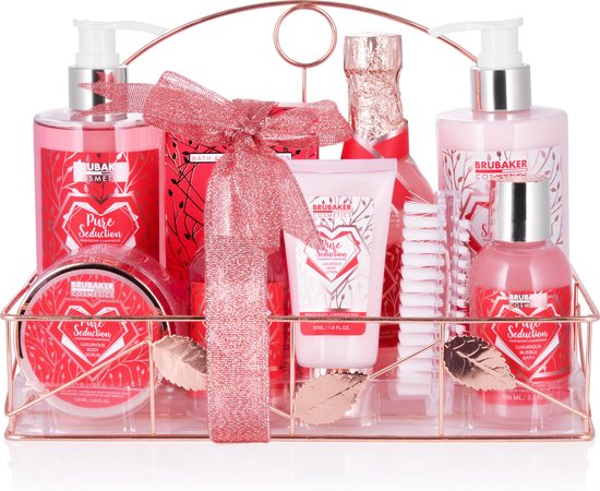 BRUBAKER Cosmetics 10-Delig Bad en Douche Set Framboos Champagne - Cadeautip Vrouw - Cadeau Idee - Verzorgingsset Geschenkset in Metalen Mandje Rosé Goud - Cadeau
