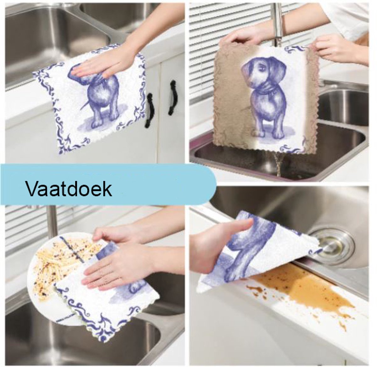 Goedkoopste Teckel - Poetsdoek - Vaatdoek - Doek - 26x27cm - Microvezeldoek - Microvezel - Delfsblauw - Blauw - Wit - 1 stuks
