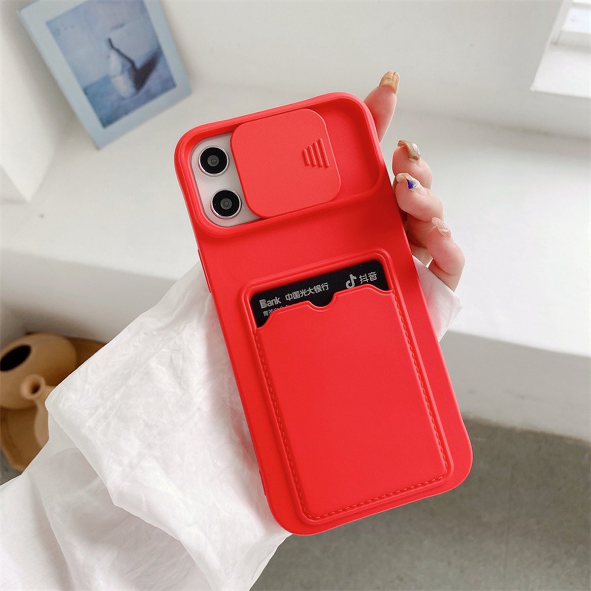 iPhone 14 Pro Max TPU Cover Case Hoesje met Camera Slide en Pashouder - Rood / Back Cover