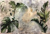 Fotobehang - Vinyl Behang - Jungle Kunst op Betonnen Muur - Bladeren - Planten - 312 x 219 cm