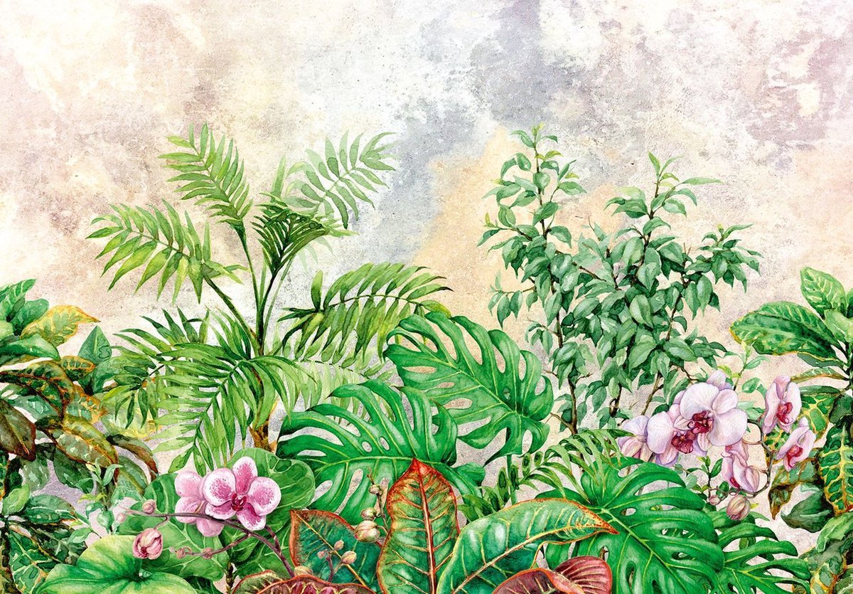 Fotobehang - Vlies Behang - Botanische Planten op Betonnen Muur - 416 x 254 cm