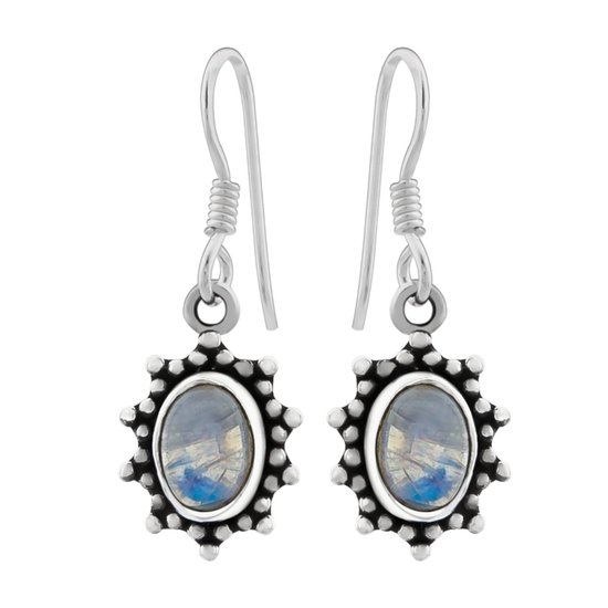 Zilveren oorbellen met hanger dames | Zilveren oorhangers, ovalen maansteen met rand van bolletjes en punten
