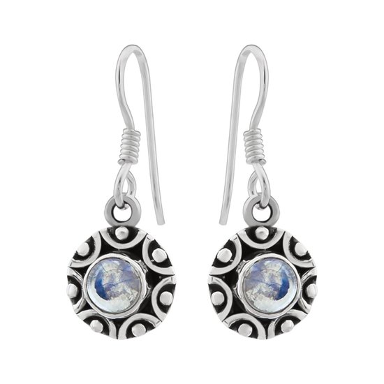 Zilveren oorbellen met hanger dames | Zilveren oorhangers, ronde maansteen met bewerkte rand