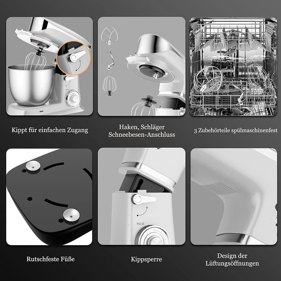 Royalty Line® PKM1900BG 3 in 1 Keukenmachine - 6.5 L Keukenrobot - 1900W Foodprocessor - Keukenmixer Met Blender & Vleesmolen - Zilver van Royalty Line — afbeelding 3