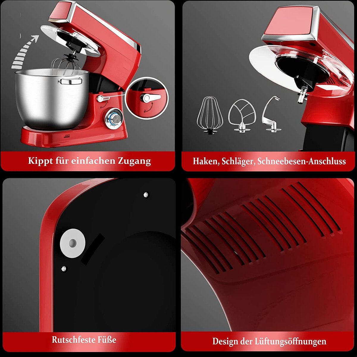 Royalty Line Keukenmachine - Keukenrobot - 2100W - Foodprocessor met 7 Snelheidsstanden + LED, incl. Garde / Kneedhaak / Mengarm en Blender, Met Spatscherm & RVS Mengkom Van 7.5 Liter - Rood — afbeelding 3