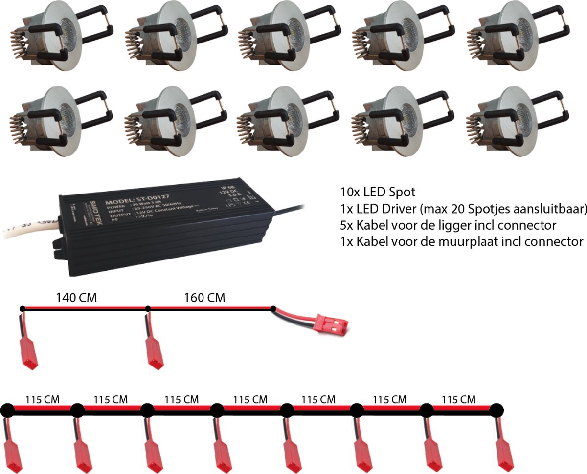 SMD TEK ST-S0044 LED Mini Spot set van 10 stuks voor overkapping of veranda incl. bekabeling en LED driver. Gemaakt van hoogwaardig aluminium met een INOX look. 5 jaar garantie