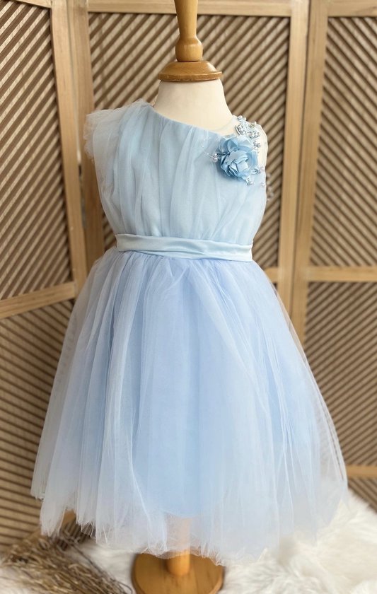 luxe feestjurk-tule jurk-galajurk-prinsessen jurk-Barbie jurk-bruiloft-verjaardag-fotoshoot-communie-lichtblauw-5 jaar (maat 110)