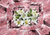 Fotobehang - Vlies Behang - Witte Lelies in Rode Houten 3D Tunnel - 312 x 219 cm