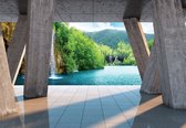 Fotobehang - Vlies Behang - Waterval en Meer in de Bergen Terraszicht 3D - 208 x 146 cm