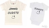 2-pack - T-shirt "Oudste"- Grote broer/zus T-shirt - (maat 98/104) & Soft Touch Romper "Jongste" Wit/zwart maat 56/62 â€“ set van 2