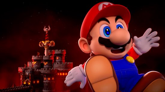 Mario in een actieve pose met op de achtergrond een duister kasteel.